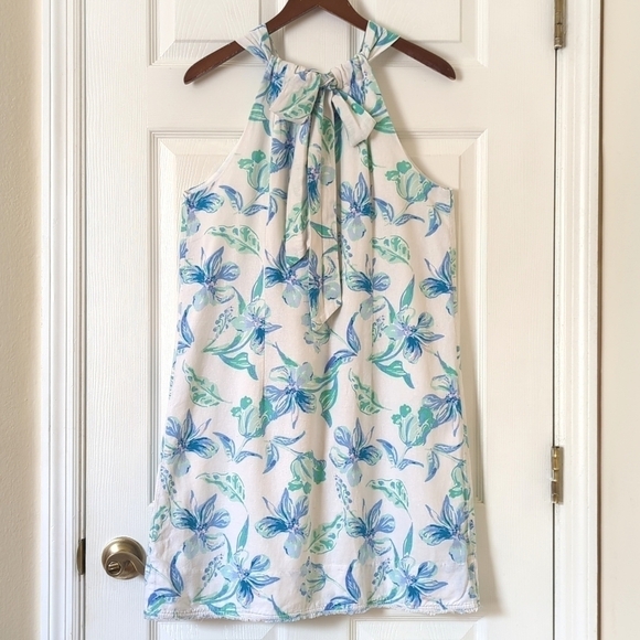 Charlie Paige Floral Linen Blend Sleeveless Halter Neck Mini Dress White Blue L - Picture 11 of 14